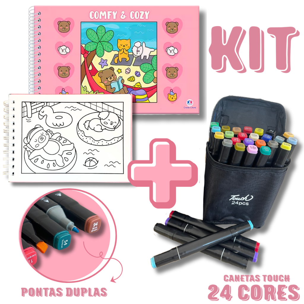 Livro Comfy Goods Capa Dura Explore Criatividade Colorir 24 Canetas Touch Pontas Duplas Passatempo