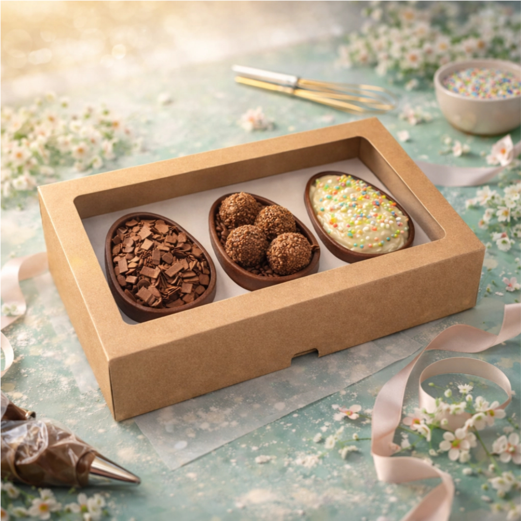 Caixinha com visor de acetato para três ovos de 50g + berço para ovos Páscoa, embalagem para confeitaria kraft em Oferta na Shopee