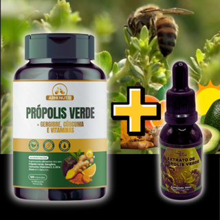 Kit Própolis Verde, Gengibre + Cúrcuma - Vitamina C + E + D3 + Zinco 120 Cápsulas (cada) 500mg e Propolis em Gotas 30ml em Oferta na Shopee