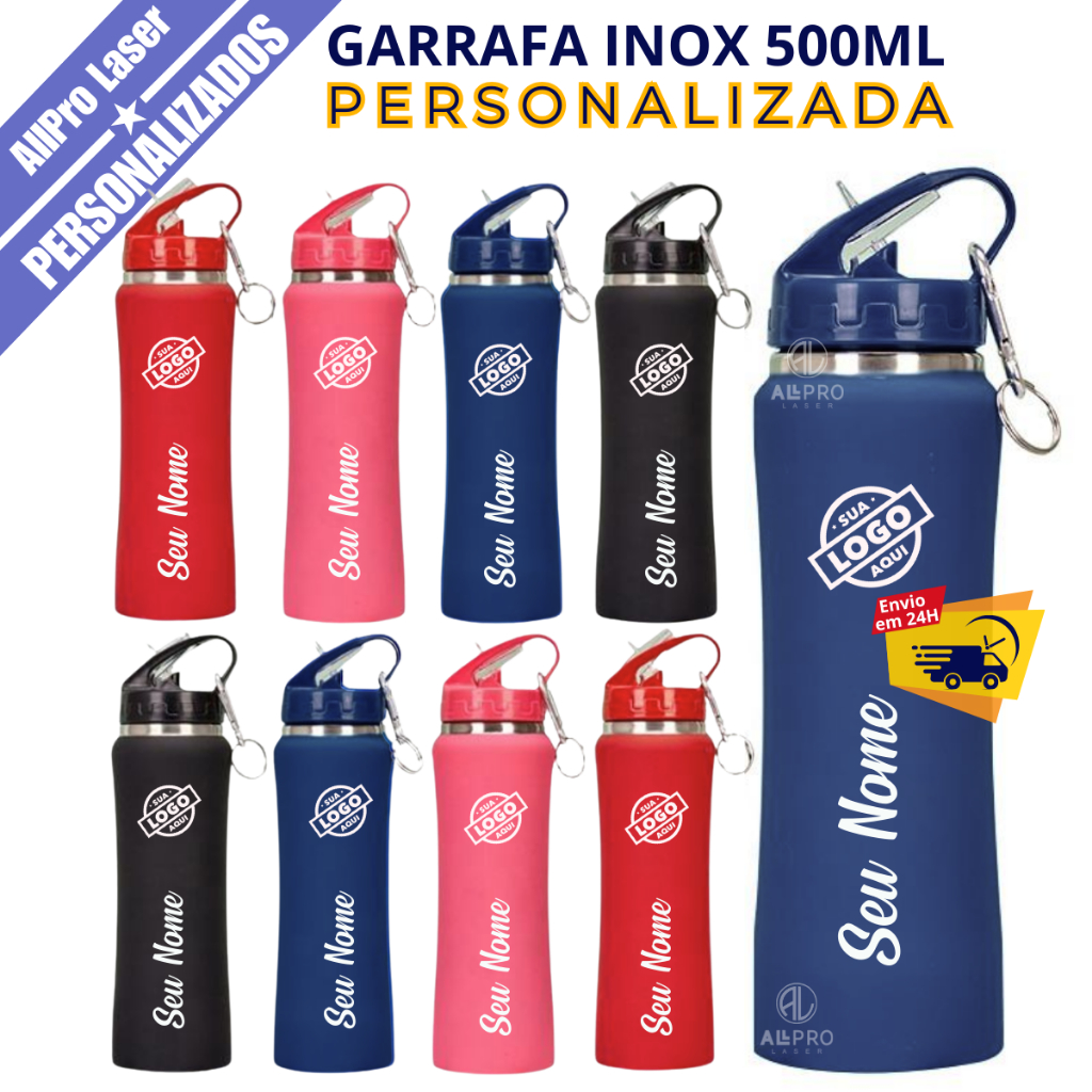 Garrafa Térmica Inox 500ml Emborrachada Personalizada Nome Desenho Logos