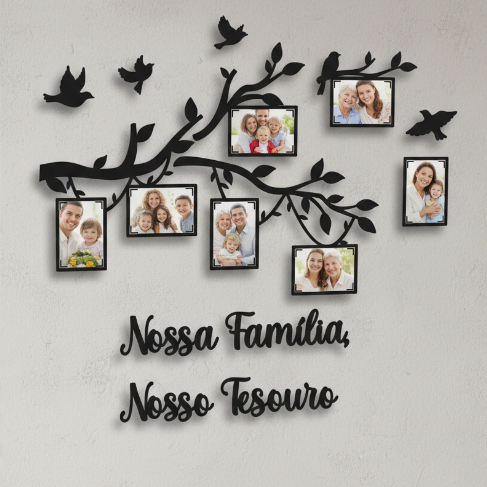 Quadro Decorativo Árvore da Família MDF com Molduras para Fotos Nossa Família Nosso Tesouro