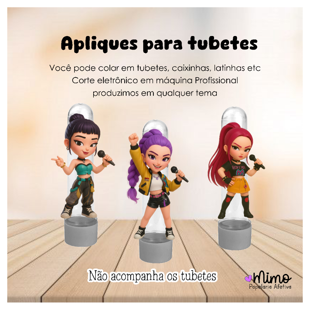Kit Aplique 3D Guerreiras do KPOP 8cm para Tubete –Papel Fotográfico Festa Infantil Guerreiras do K-pop(15, 30 ou 45 un)