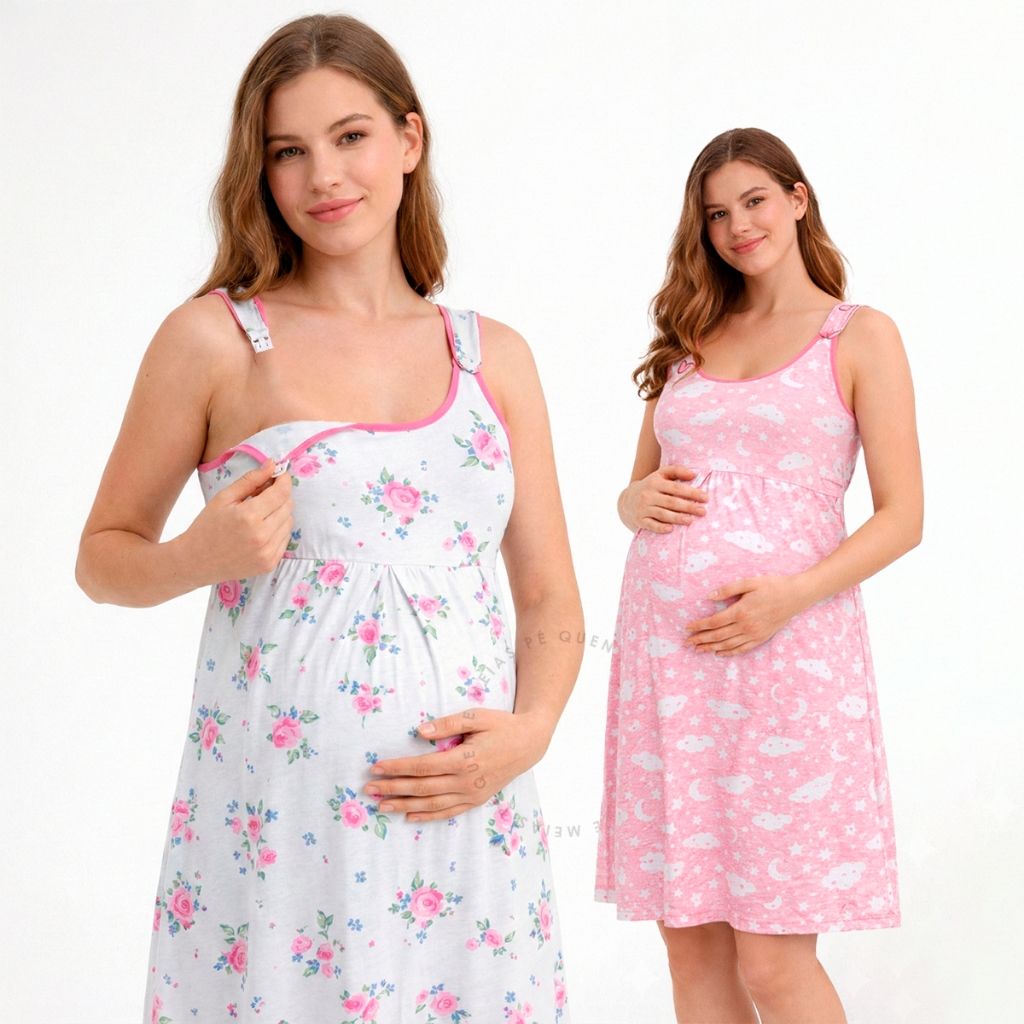 Camisola Baby Doll Amamentação Abertura Gestantes Pós Parto Click Abre Fácil