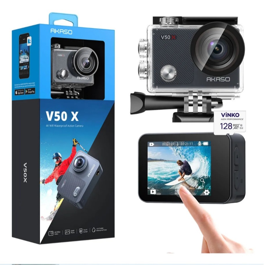 Câmera De Ação Akaso V50X 4K 30FPS Com Microsd 128gb Tela Tátil, EIS, Zoom 4X, À Prova d'Água 40m, Wi-Fi