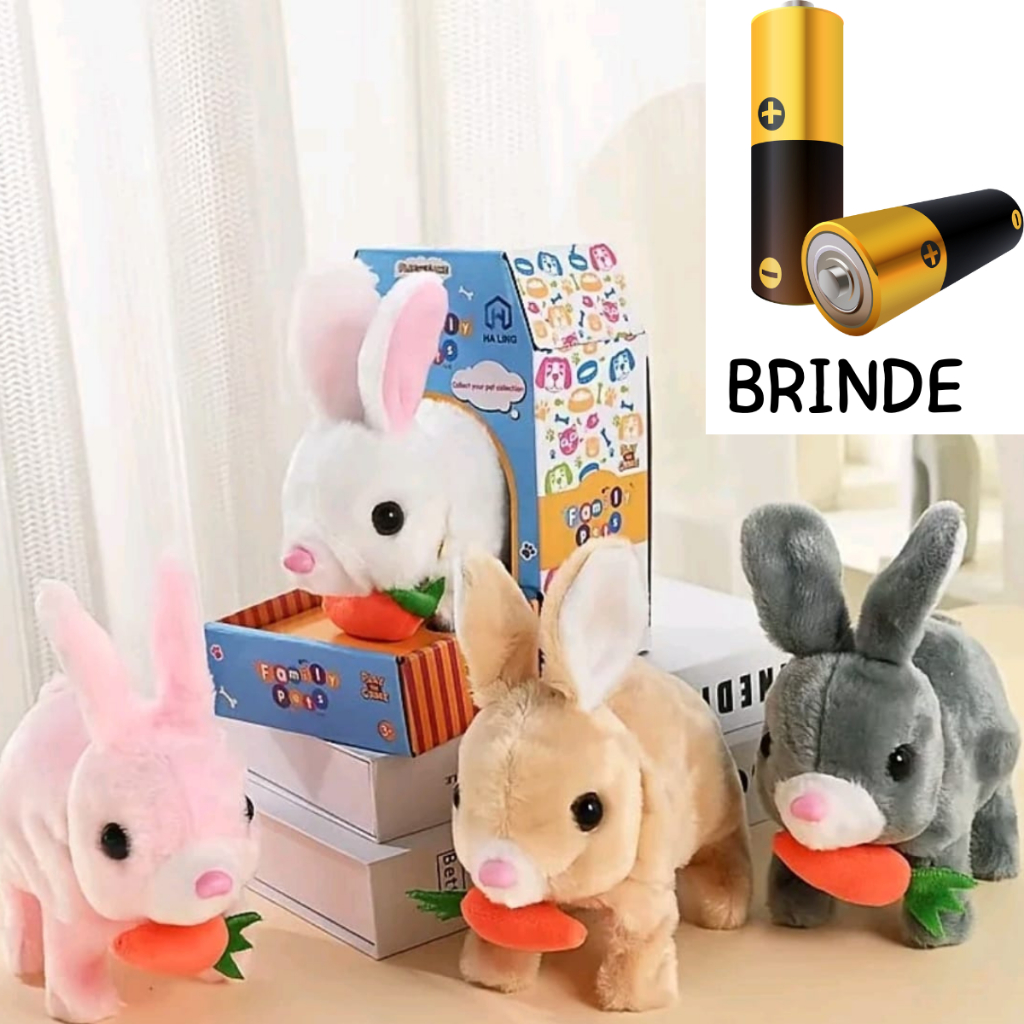 Coelhinho Pelucia de Pascoa Emiti som e anda Brinquedo Coelho de pascoa interativo pilha de BRINDE