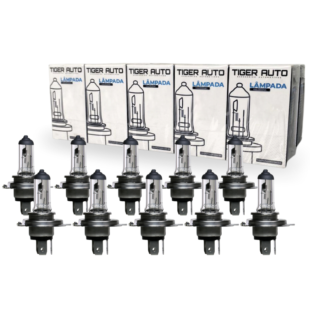 Kit 10 Lâmpadas Automotiva Halógena H4 3200K 12V 60W 55W Tiger Auto
