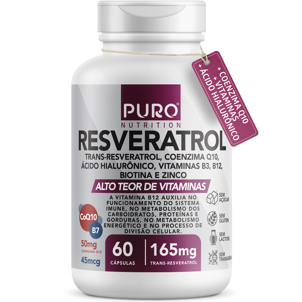 Resveratrol Trans 165 mg Puro Nutrition + COQ10, Ácido Hialurônico, Vits B3 e B12, Biotina e Zinco em Oferta na Shopee