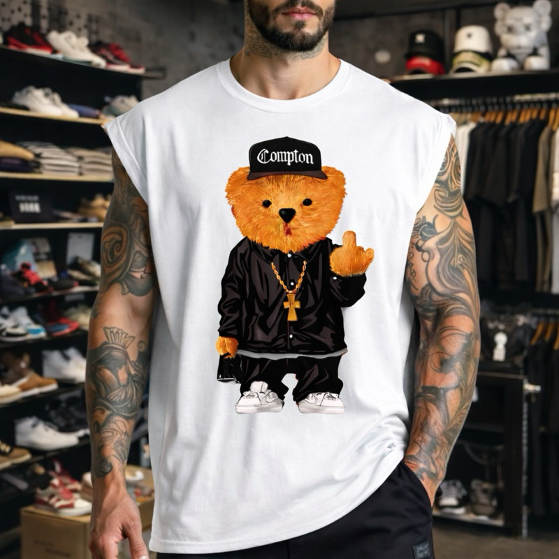 Camiseta Regata Masculina Algodão Estilosa Urso Máfia Casual Caimento Perfeito Leve Respirável