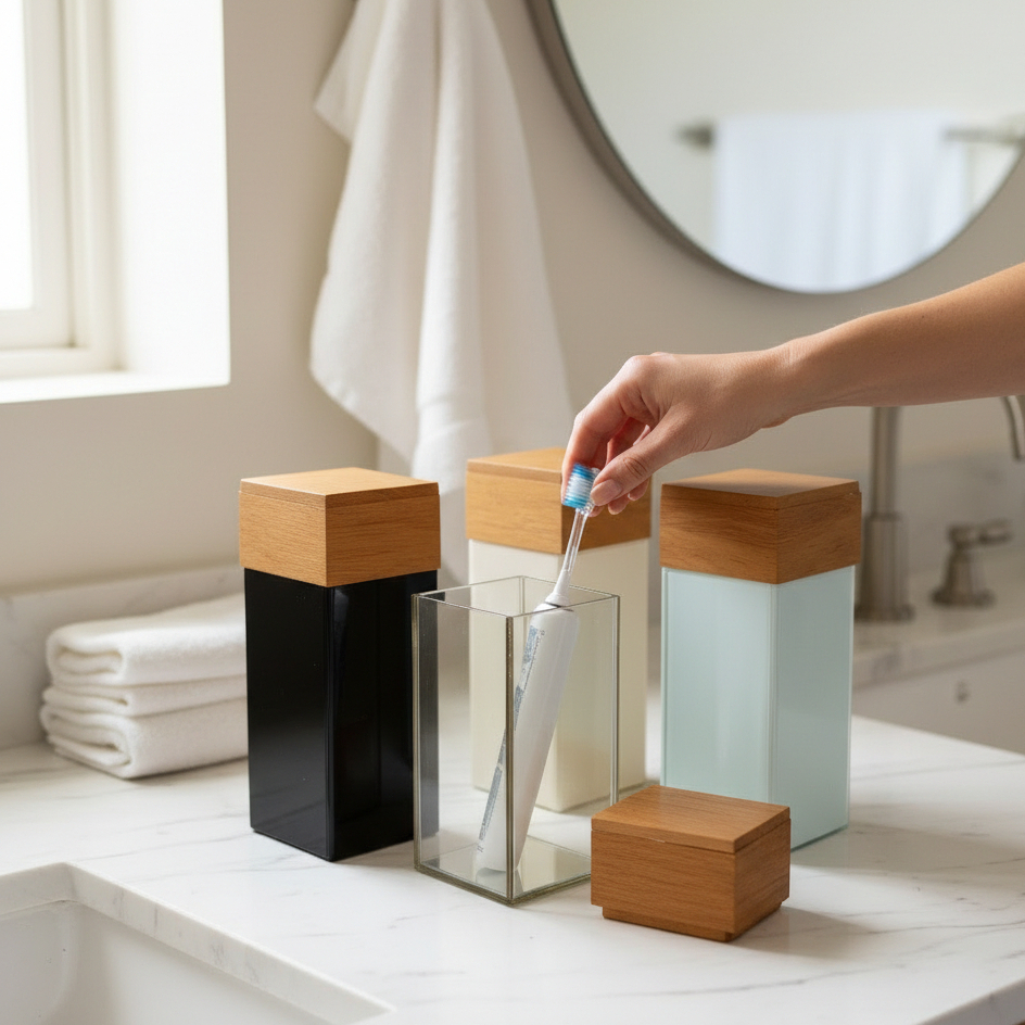 Porta Escova de Dente Com Tampa em Vidro e Madeira Nobre em Oferta na Shopee