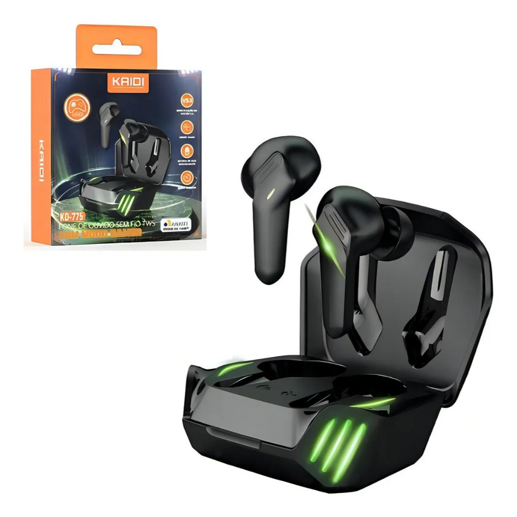 Fone Ouvido Gamer Kaidi KD-775 Bluetooth TWS IPX4 Preto Fone Bluetooth Gamer Com Led Resistente a água, poeira