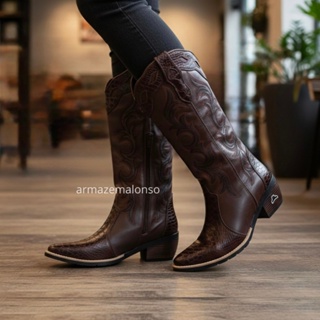 Bota Texana Feminina Jacaré Couro Legítimo | Bordada Country | Bico Fino com Zíper Lateral em Oferta na Shopee
