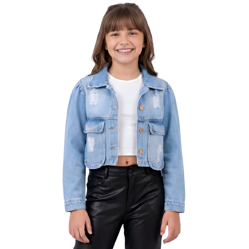 Jaqueta Jeans Curta Feminina Infantil Juvenil Rasgada Bolso