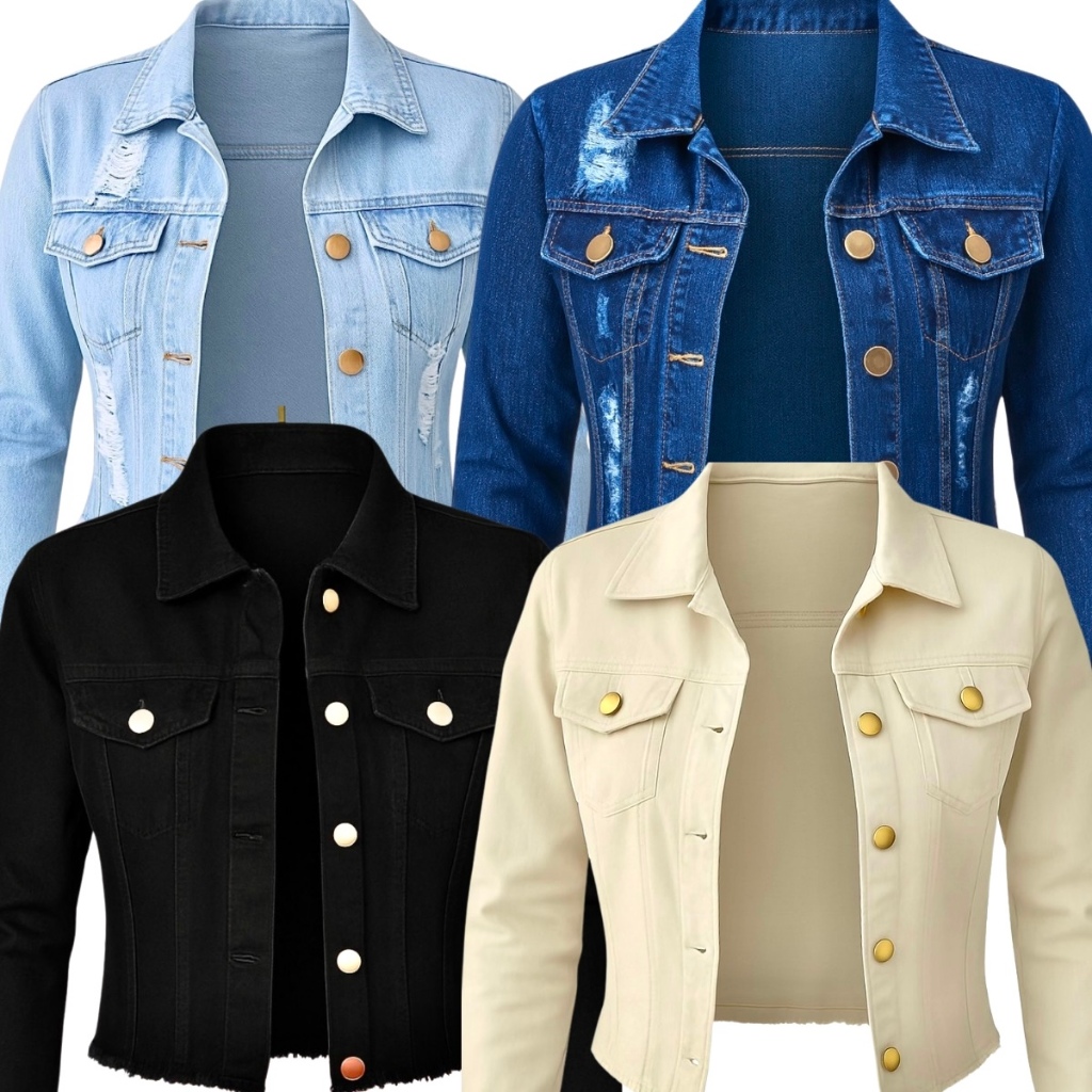 Jaqueta Jeans Feminina Manga Longa Denim Cores Linha Premium