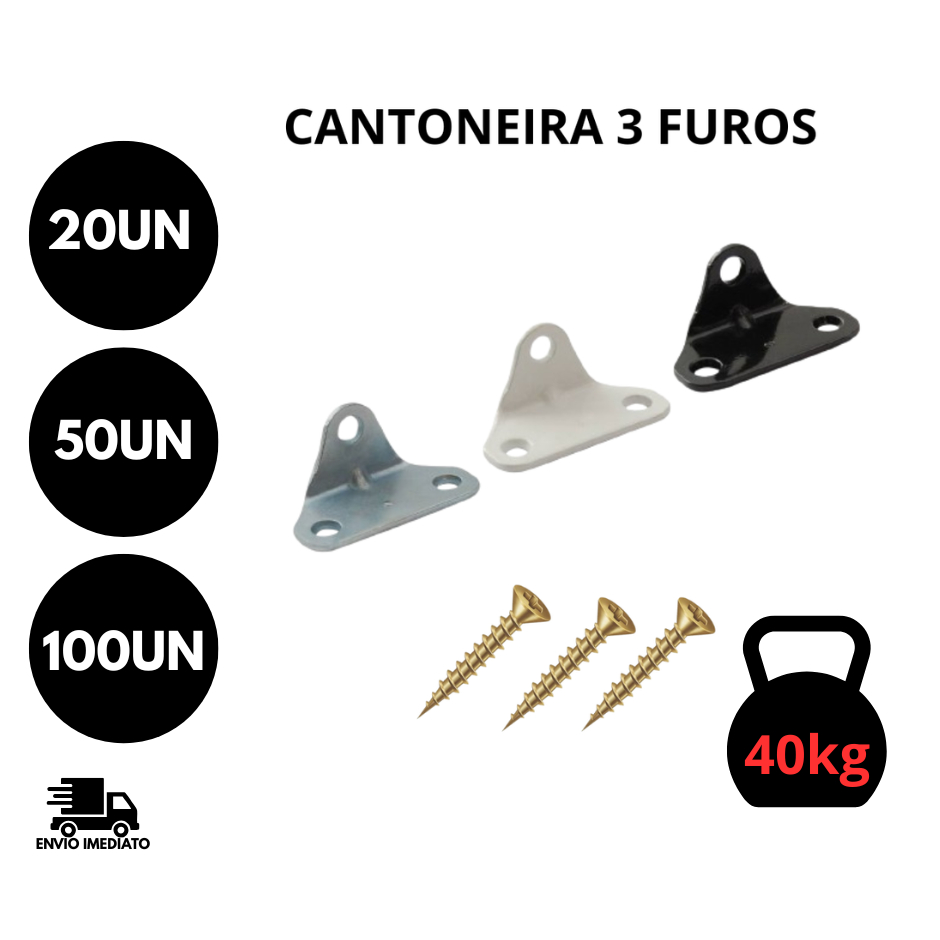 Cantoneira Suporte Reforçada 3 Furos MDF, Nichos e Prateleiras Travamento Firme no Canto, Metálico Suporta Até 40 kg