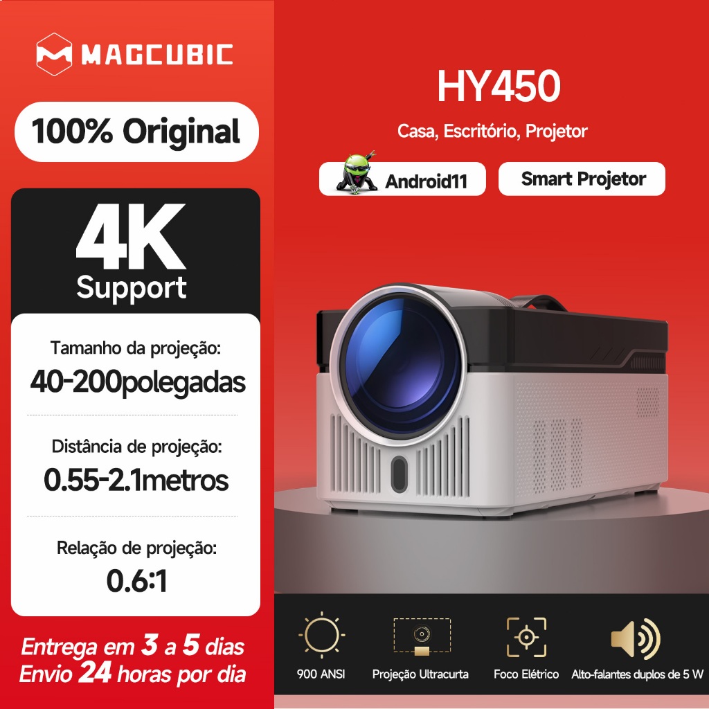 MAGCUBIC Projector HY450 900ANSI Foco Eletrônico 8K Alto-falantes Duplos Integrados De 5 W Cinema em Casa