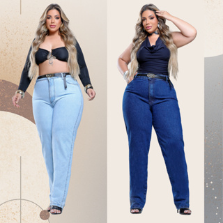 Calça Mom Jeans Plus Size 100% Algodão Cintura Alta Premium Lipo Não Desbota Slouchy em Oferta na Shopee