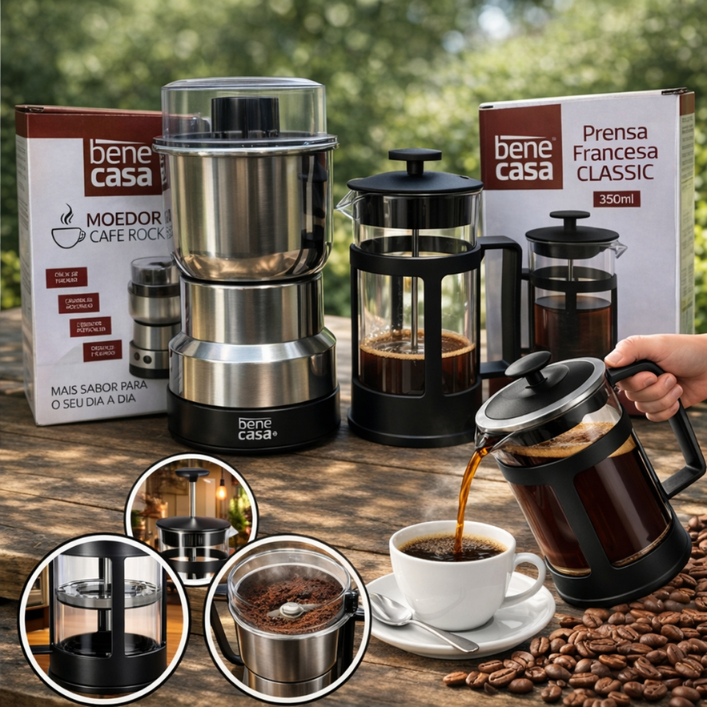 Kit Café Gourmet Prensa Francesa 350ml Com Moedor Cafe Grãos Elétrico Inox Cafeteira 110v 220v