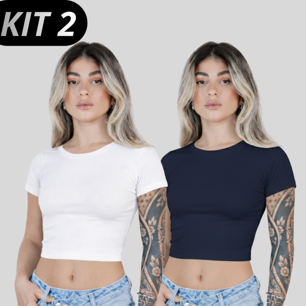 Kit 2 Baby Tee Feminina Blusa Slim Fit Baby Look Manga Curta Blusa de Compressão Academia  verão luxo moda