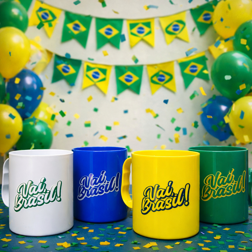 Kit 04 Canecas Coloridas VAI BRASIL! 400ml Plástico - seleção brasileira, copa do mundo, caneca