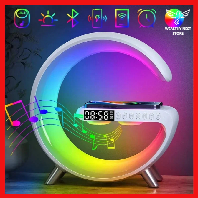 Luminária LED G-Speaker 3 em 1 com Relógio, Carregador por Indução E Caixa De Som Decorativo Prático