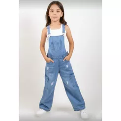 Jardineira Macacão Jeans Denim de Meninas Infantil Juvenil Estilosa Cargo Ajustável 10 ao 16