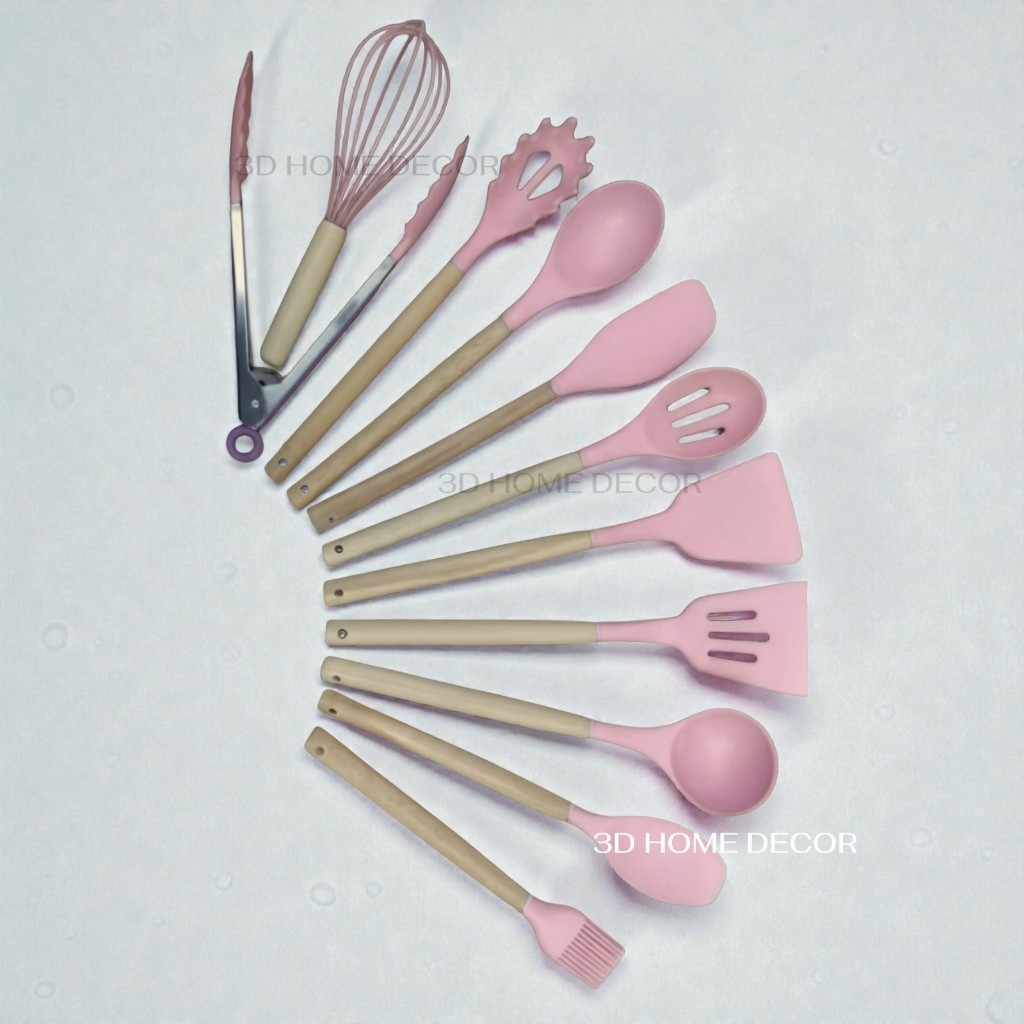 Jogo Completo Utensílios de Cozinha Silicone 11 Unidades Colher de Silicone Rosa Utensílios Cozinha Rosa