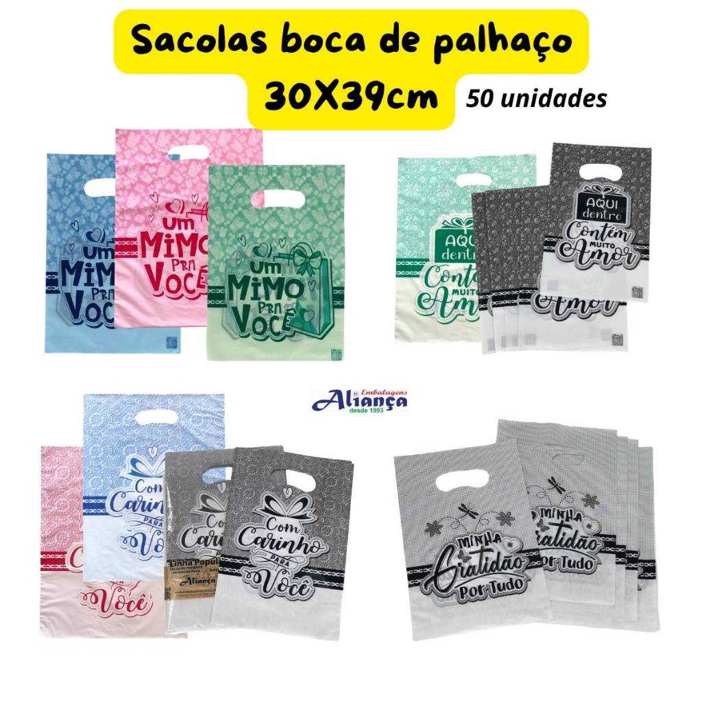 50 Sacolas Plásticas 30x39cm sacolas boca de palhaço com frases embalagem para presente
