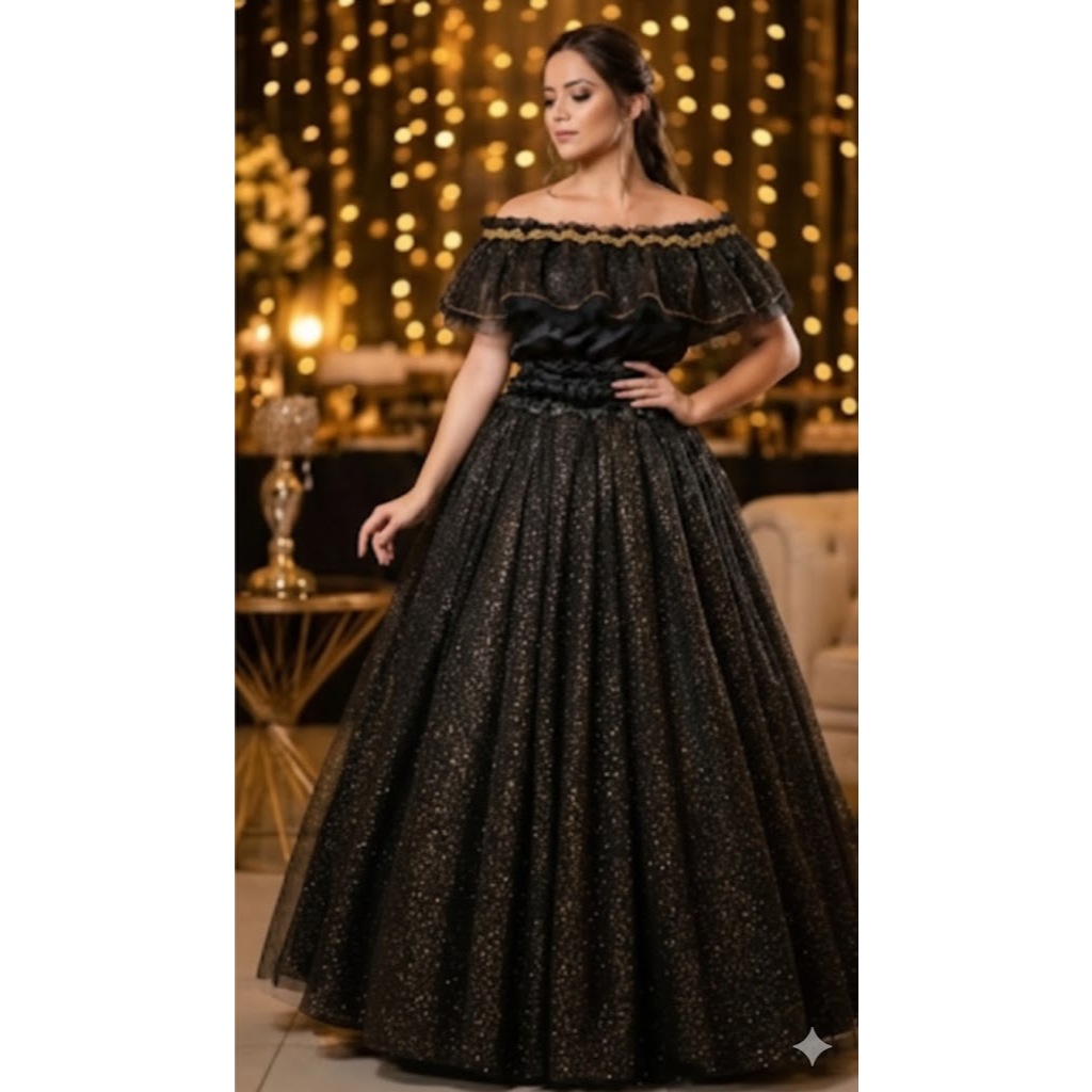 CONJ. LUXO POMBA GIRA - BLUSA E SAIA -3M DE RODA -CETIM PRETO E TULE GLITTER DOURADO-roupa umbanda -