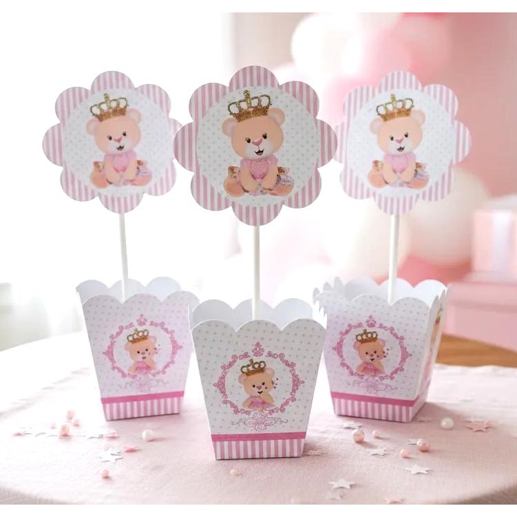 Kit 12 a 30 Centro de Mesa URSINHA PRINCESA Rosa Cha de Bebê Lembrancinha Pegue e Monte NÃO É PERSONALIZADO
