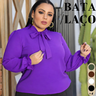 Blusa Camisa Social Plus Size Feminina Gola De laço Manga longa em Oferta na Shopee