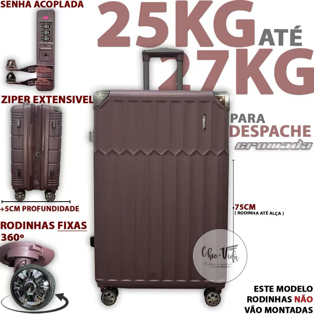 Mala De Viagem 23KG Ziper Duplo Roda Dupla 360° Mala Viagem 23 Kilos Promoção ABS