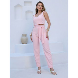 Conjunto Feminino Social Alfaiataria calça com cinto e cropped com bojo e zíper nas costas em Oferta na Shopee