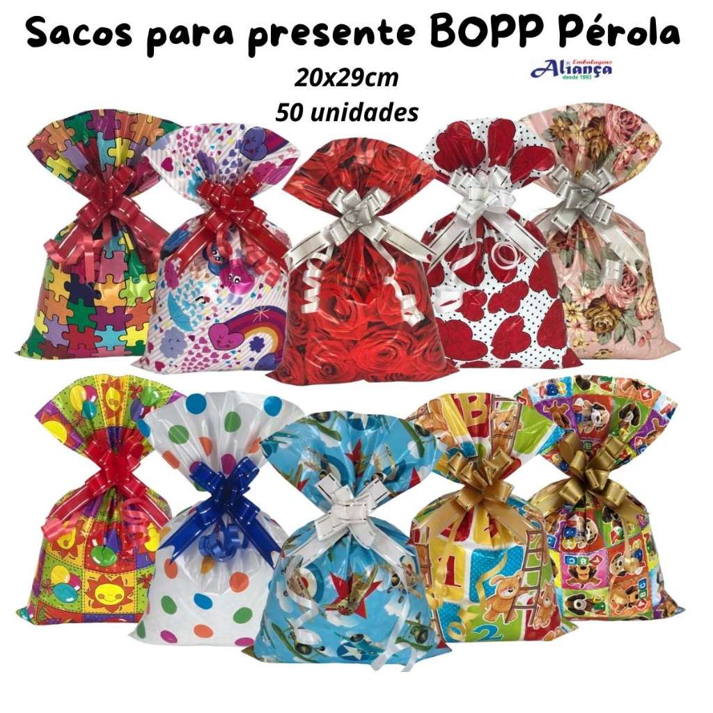 50 Sacos de presente BOPP Pérola 20x29cm embalagem para presente