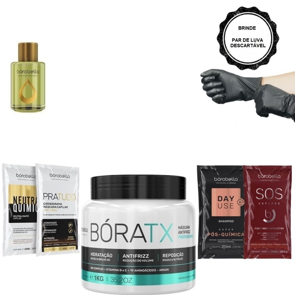 Borabella Bóratx Realinhamento 1kg + Óleo Argan 7ml + Sachês em Oferta na Shopee