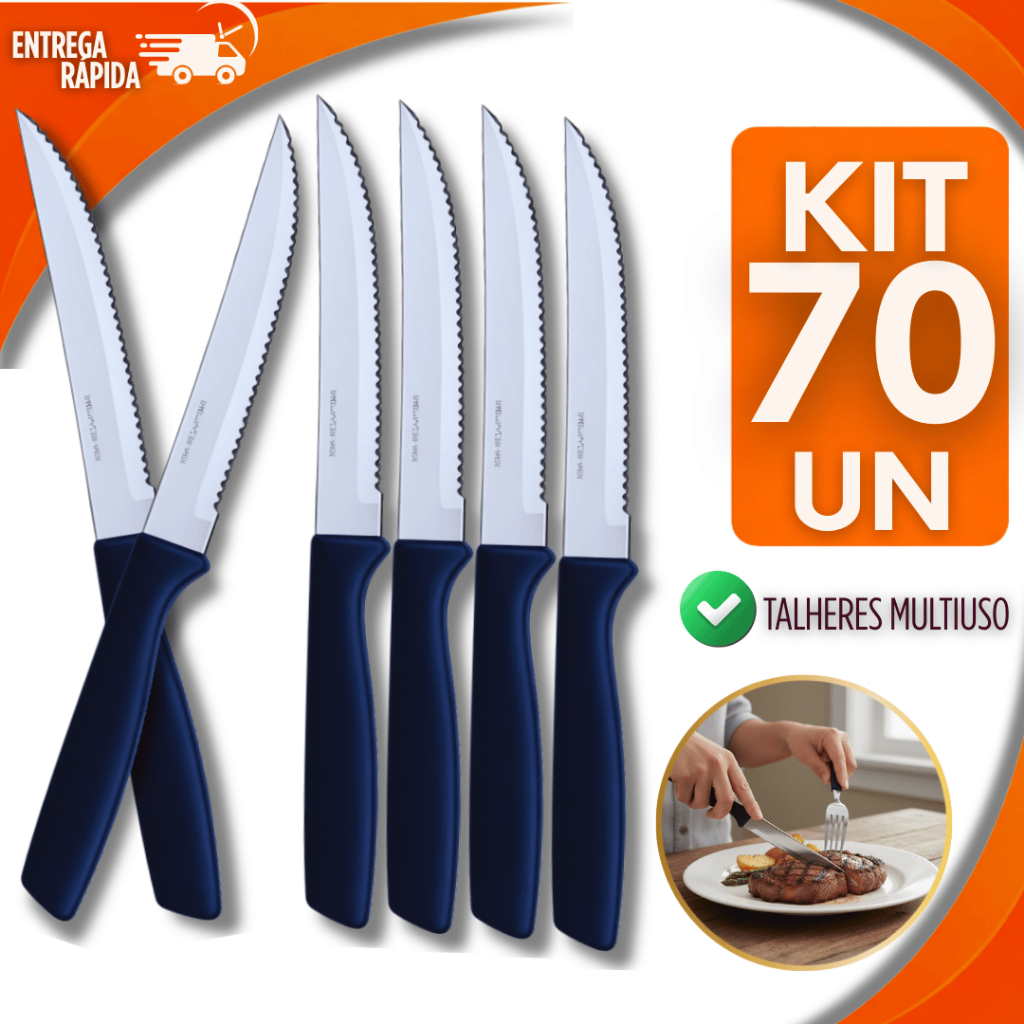 Combo 70 Facas Aço Inox com Cabo Preto Ideal para Churrascos ou Demais Refeições Talheres Faca