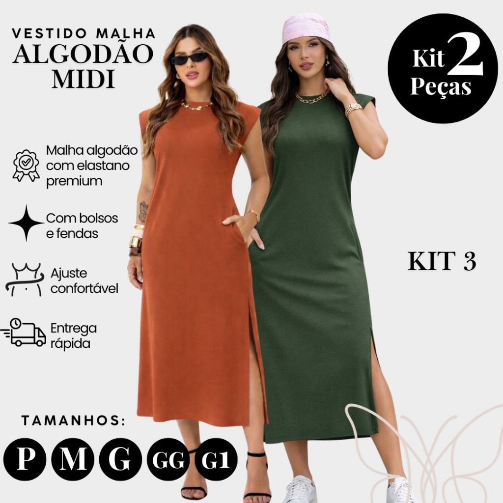Kit 2 Vestidos Midi Feminino Algodão Premium com Elastano Muscle Tee Fenda Lateral Bolso Casual