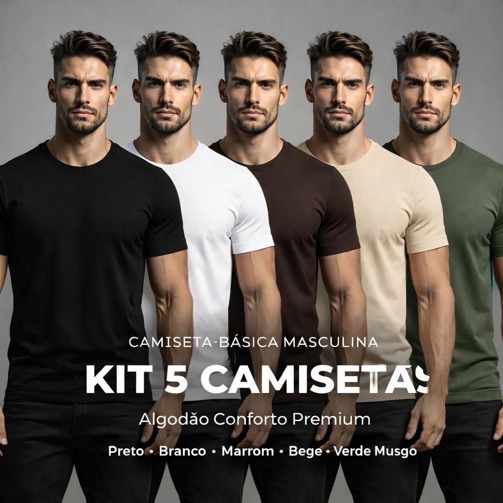 Kit 5 Camisetas Masculinas 100% Algodão - Básicas Premium do Dia a Dia