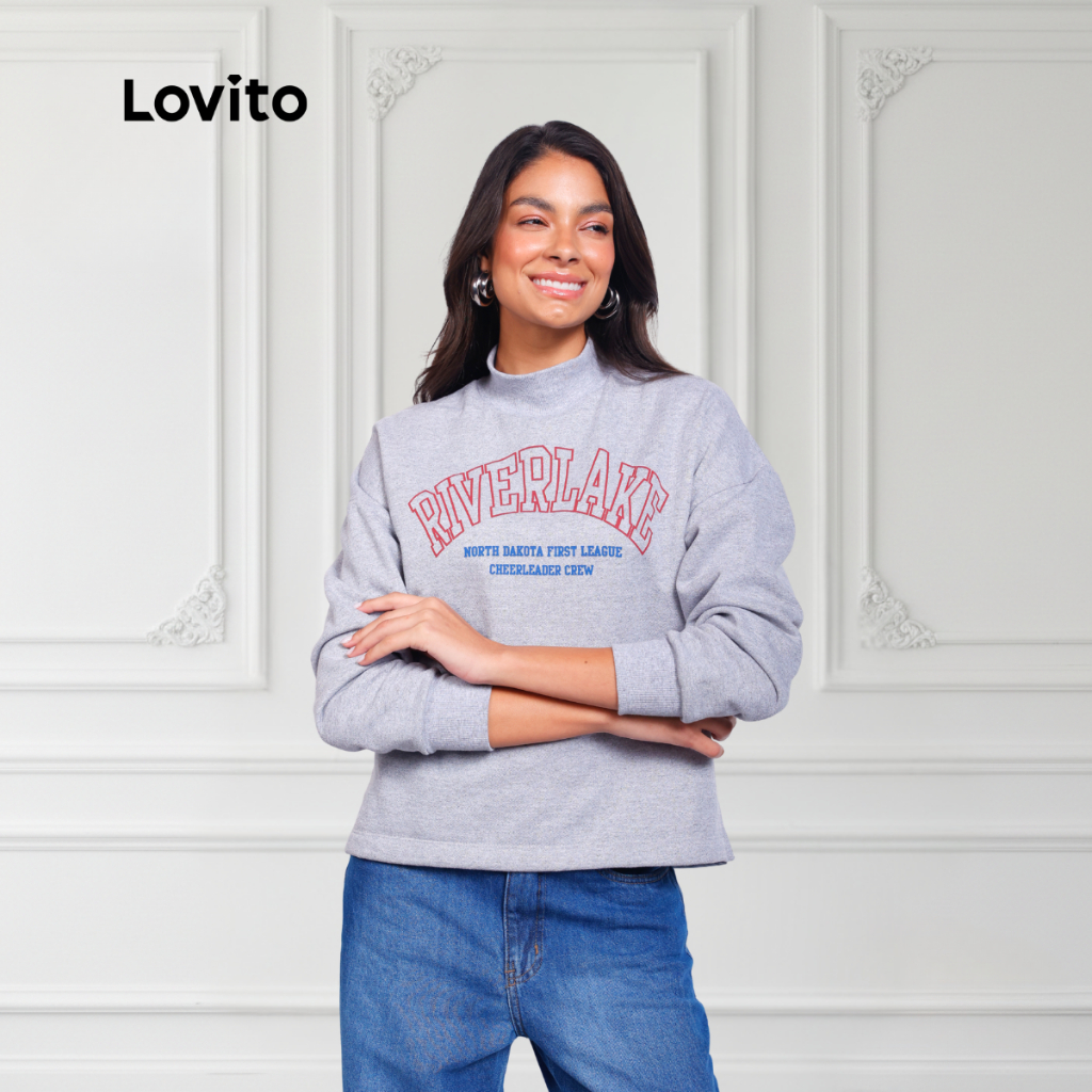 Lovito Moletom Mescla Moda Gola Alta Estampado Moda Preppy Feminino SRB371BRL400 em Oferta na Shopee