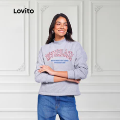 Lovito Moletom Mescla Moda Gola Alta Estampado Moda Preppy Feminino SRB371BRL400