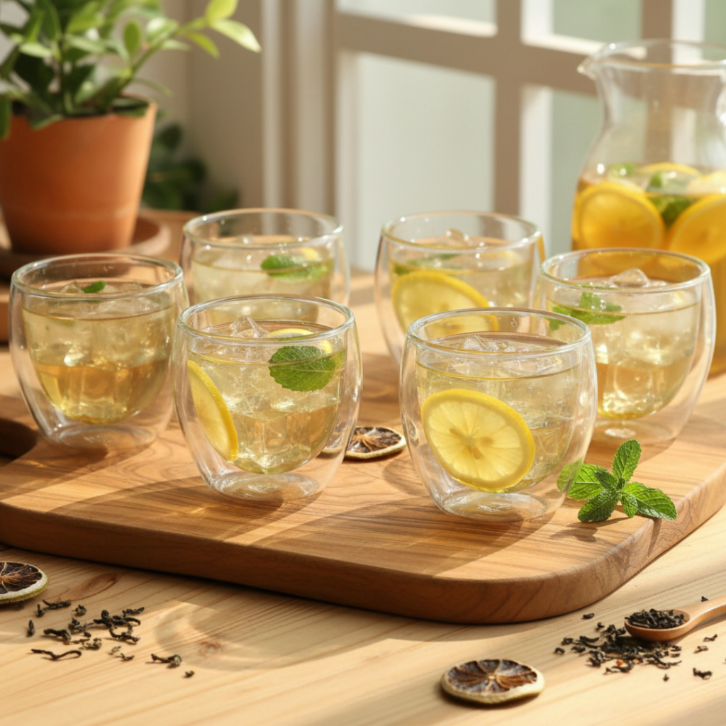 Kit de 6 Canecas de Chá Vidro Duplo 50ml Copo sem alça Parede Dupla Cozinha Chocolate Quente