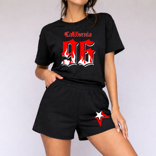 Conjunto Feminino Moletom California 06 Camiseta Estampada + Short Curto Casual Confortável Moda Verão Street COD 687