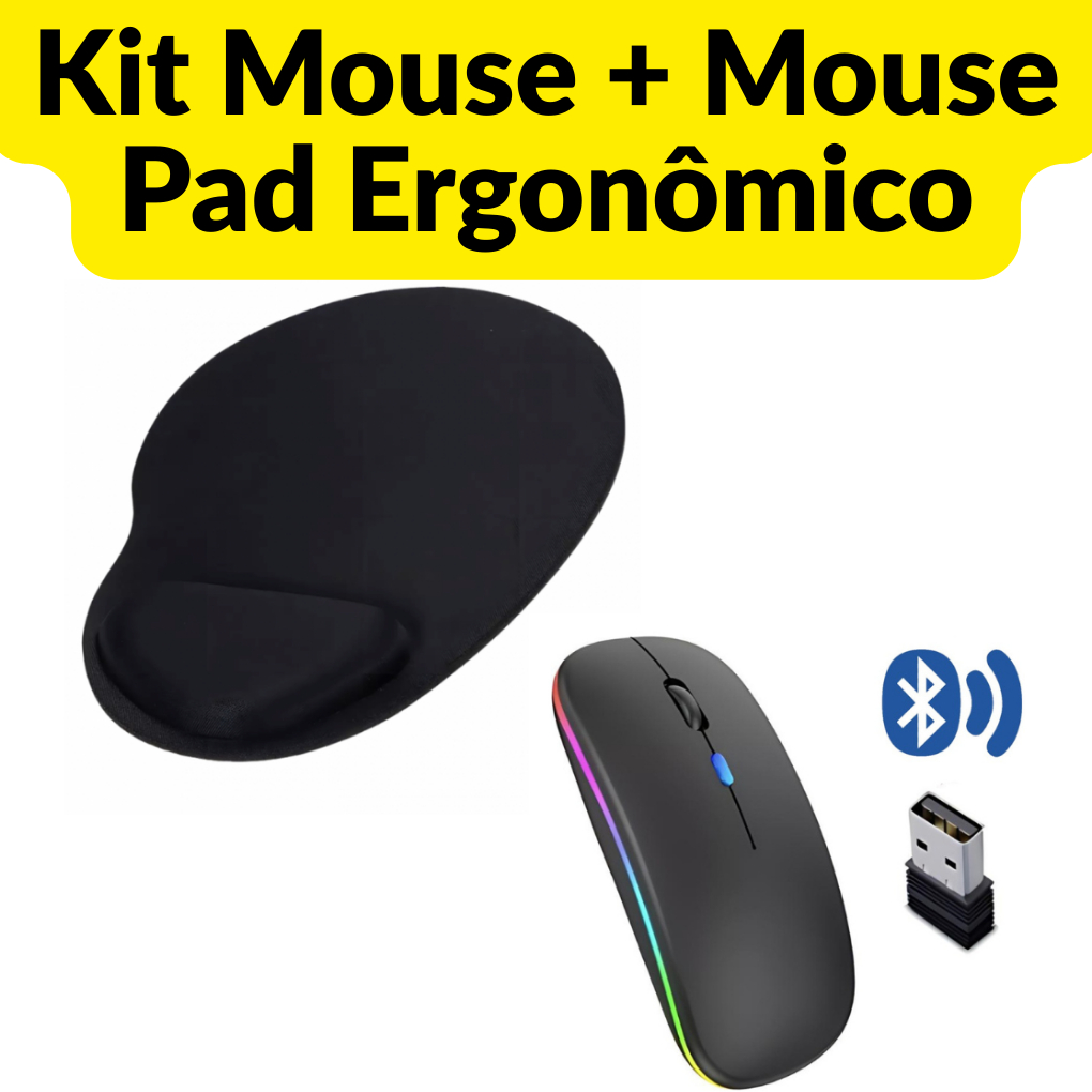 Kit Mouse sem Fio Recarregável RGB + Mouse Pad Ergonômico