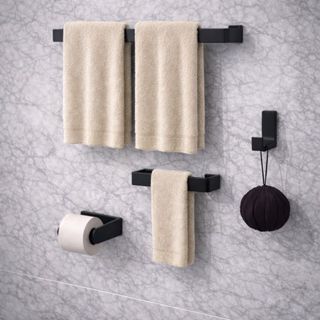 Kit Acessórios Para Banheiro Preto Fosco 4 Suportes Toalha Rosto e Banho, Papel Higienico,  Gancho, MAX Moderno em Oferta na Shopee