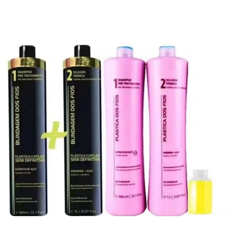 kit duplo shampoo e progressiva blindagem + shampoo e progressiva plástica dos fios