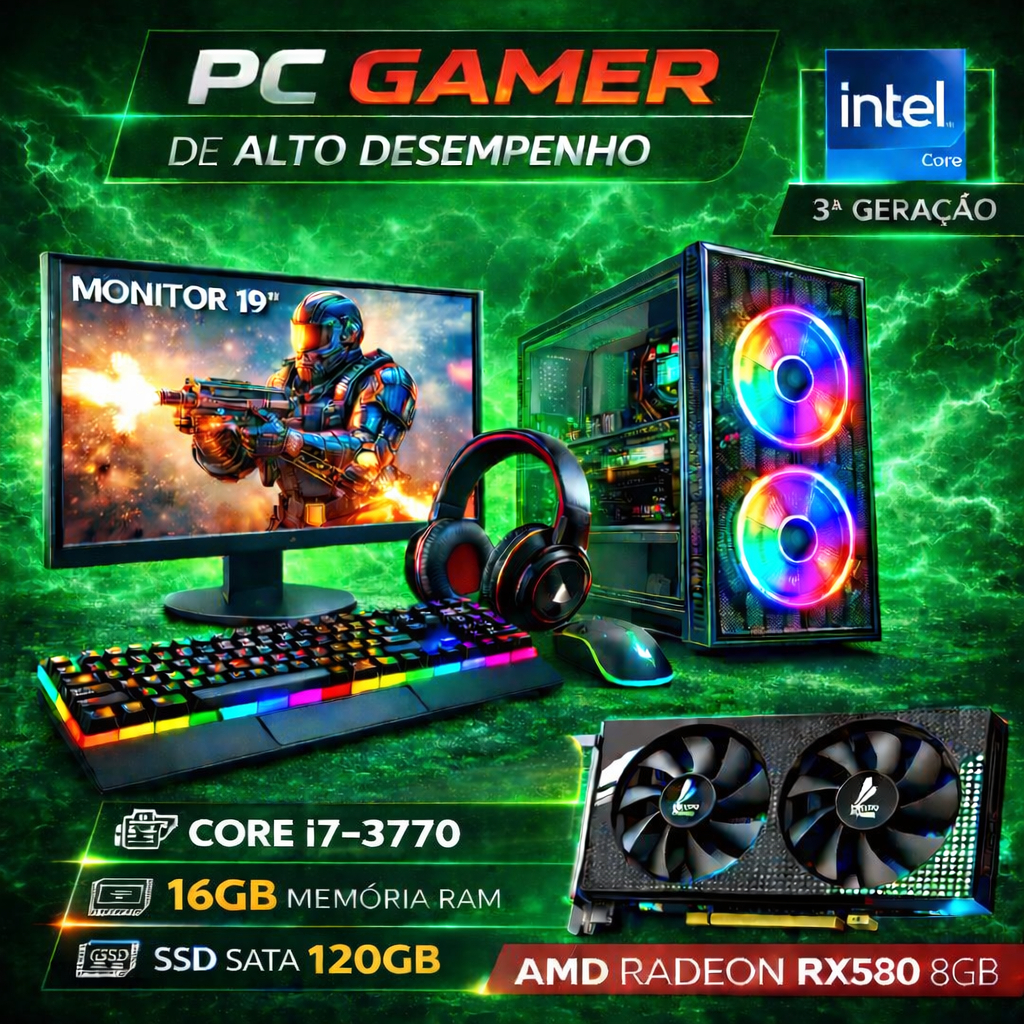 Computador Gamer Completo i7 3ª Geração - 16GB RAM - SSD 120GB - Monitor 19" - Placa de Vídeo RX580 8GB