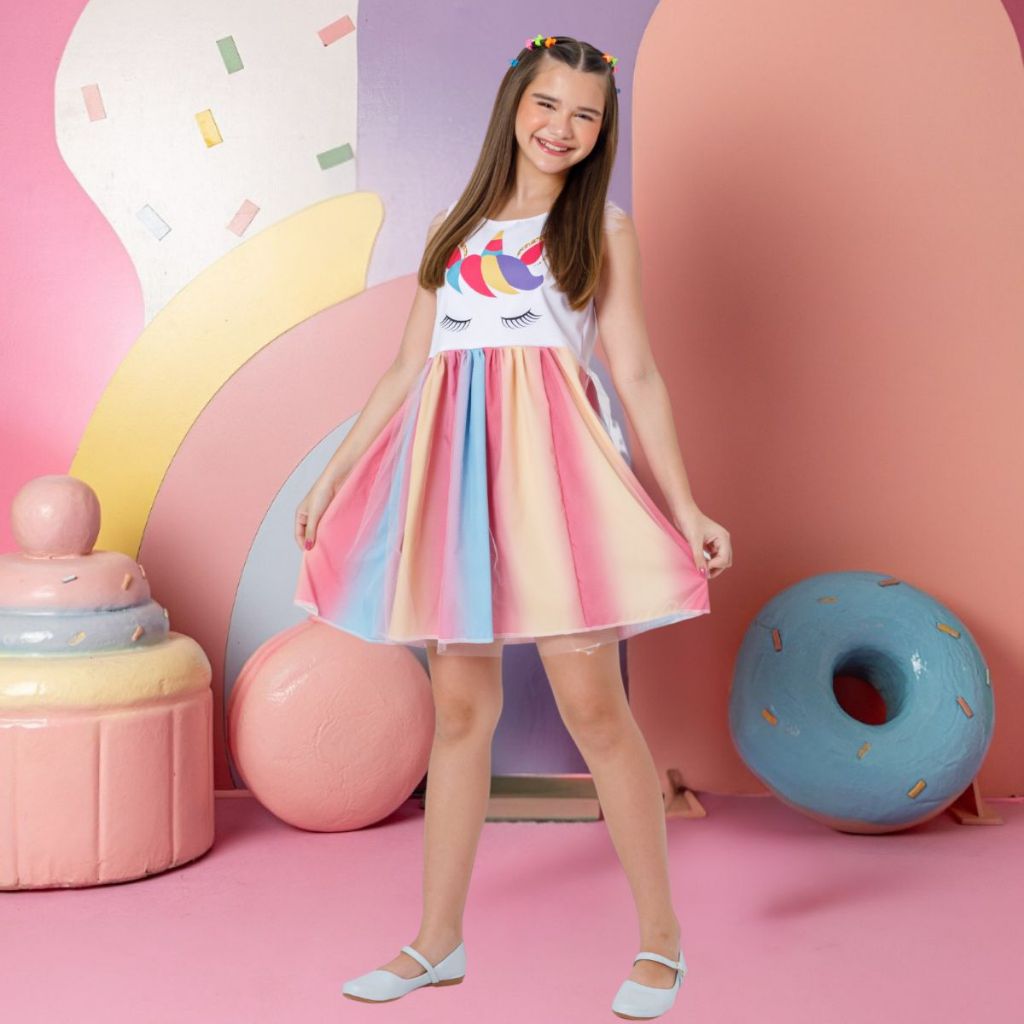 Vestido Fantasia Soltinho Feminino Super Girl Unicórnio Colorido Stitch Menina Carnaval Confortável