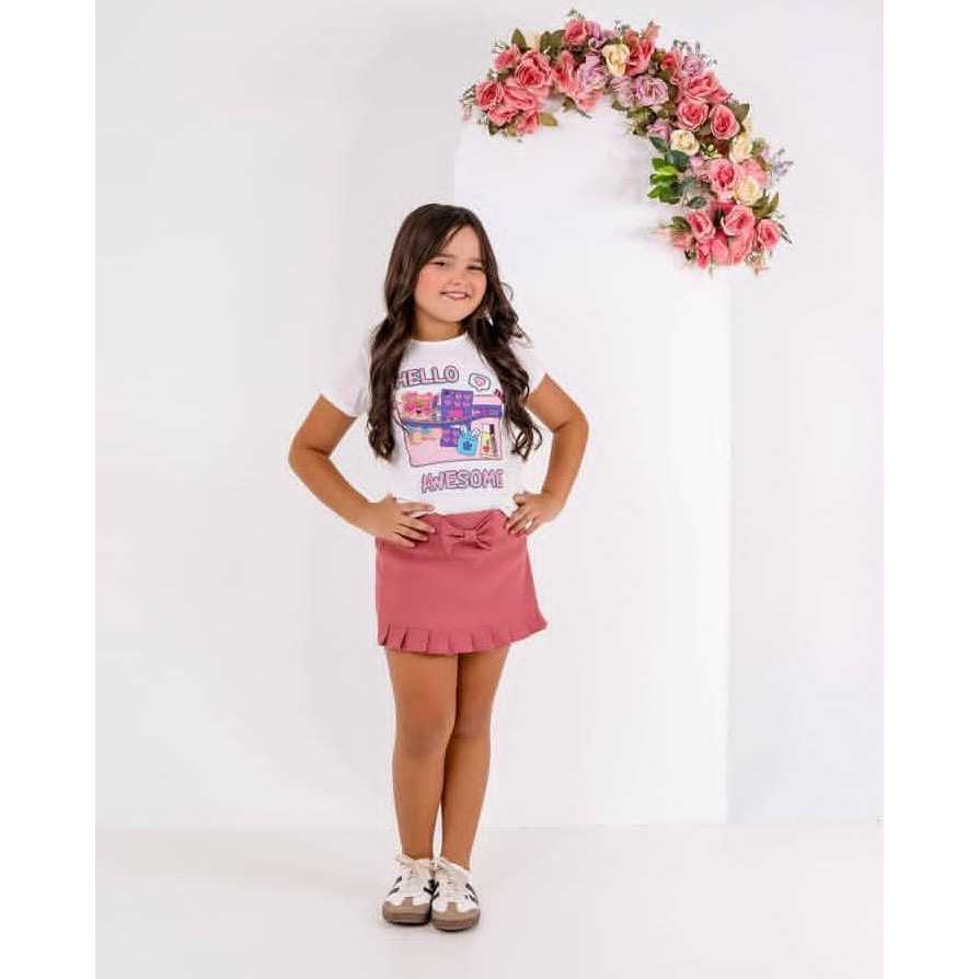 Conjunto Infantil Menina Blusa Estampada e Short Saia Rosa com Laço Confortável Moda Verão Feminina