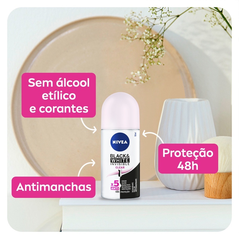 KIT NIVEA Desodorante Roll-on Black & White INVISIBLE Clear 50ml - 3 unidades — imagem 2 de 2