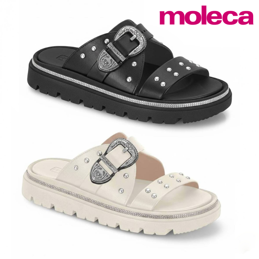 Sandália Feminina Moleca Papete Slide Plataforma Tratorado Flatform Pedraria Confortável Original