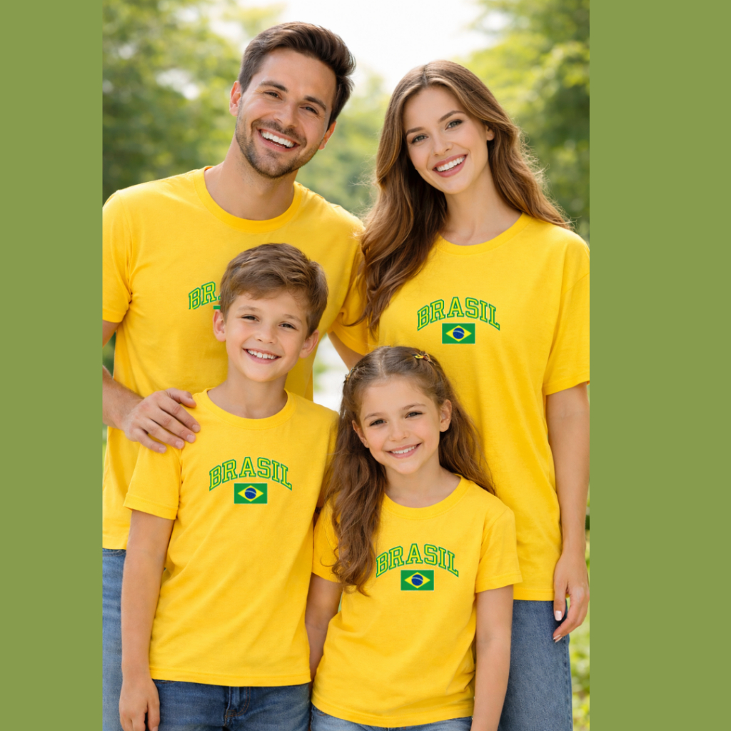 Camiseta adulto Infantil Monte seu kit copa do mundo Unissex Aqui é o Brasil Times de futebol 1 peça